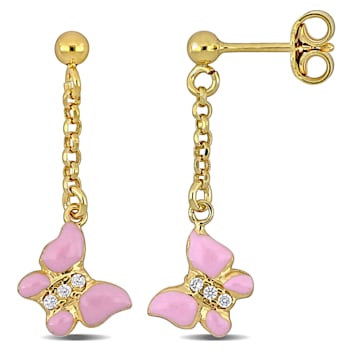 Children's Cubic Zirconia Pink Enamel Butterfly Drop Earrings 18K Yellow
Gold Over Sterling Silver