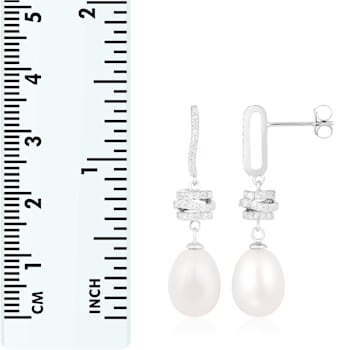 White Cultured Freshwater Pearl and Cubic Zirconia Rhodium Over Sterling
Silver 8-9mm Drop Earrings
