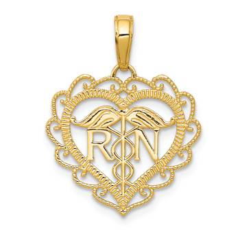 14k Yellow Gold Textured RN Registered Nurse Heart Pendant