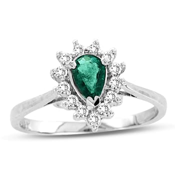 0.53ctw Pear Shaped Emerald and Diamond Ring in 14k White Gold
