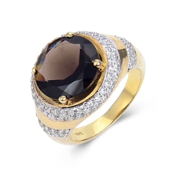 Smoky Quartz with Cubic Zirconia Accents 18K Yellow Gold Over Sterling
Silver Halo Ring, 5.99ctw