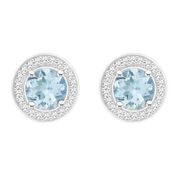 6mm Round Aquamarine 1/5 ctw Diamond Rhodium Over Sterling Silver Halo
Stud Earrings