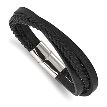 Black Leather and Stainless Steel Polished Multi-Strand 8.25-inch Bracelet
