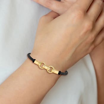 14k Yellow Gold Polished Fancy Link Leather Bracelet