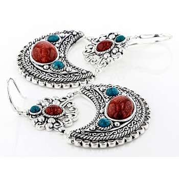 Red Sponge Coral And Turquoise Dangle Earrings In Rhodium Over Brass