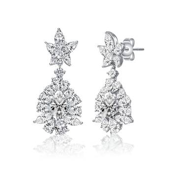 CZ Snowflake Cluster Drop Earrings In White Rhodium Over Brass