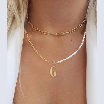 14K Gold Over Brass Initial Pearl Simulant Link Chain Necklace Letter G