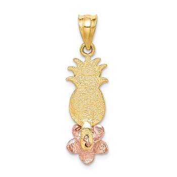 14K Two-tone Gold  Diamond-Cut Satin Pineapple with Plumeria Pendant