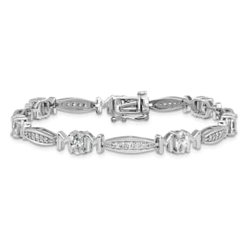 Rhodium Over Sterling Silver Cubic Zirconia Mom with Safety Clasp Bracelet