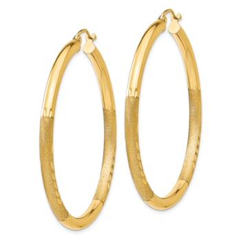 14k Yellow Gold 1 3/4" Satin and Diamond-Cut Round Hoop Earrings