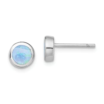 Rhodium Over Sterling Silver Polished Blue Created Opal Round Stud Earrings