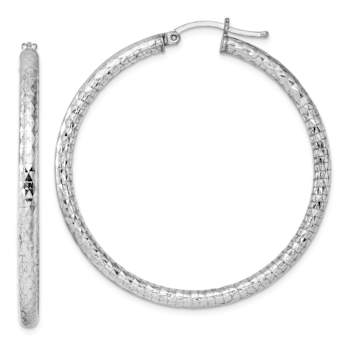 Rhodium Over Sterling Silver 3.00mm Diamond-cut Hoop Earrings