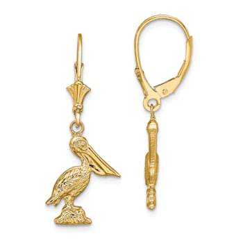 14k Yellow Gold 3D and Textured Pelican Standing Dangle Earrings