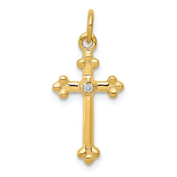 14K Yellow Gold Small Diamond Budded Cross Pendant