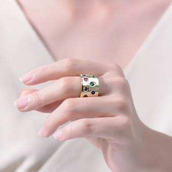 Multi-Color CZ Wide Band Ring In 14K Gold Over Brass