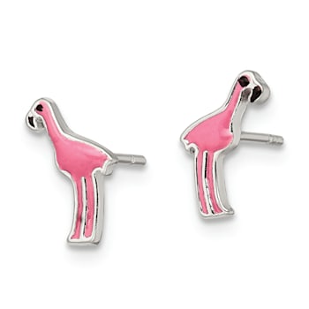 Sterling Silver Polished Pink and Black Enameled Flamingo Post Earrings