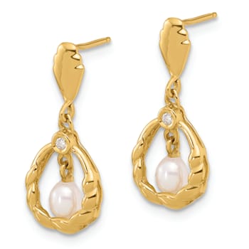 14K Yellow Gold 3-4mm Teardrop Freshwater Cultured Pearl and 0.02ct
Diamond Post Dangle Earrings