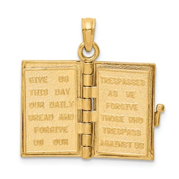 14K Yellow Gold 3D Pink Enameled Lord's Prayer Bible Pendant
