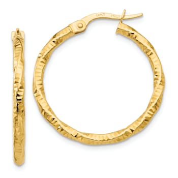 14k Yellow Gold Polished and Textured 1" Hoop Earrings