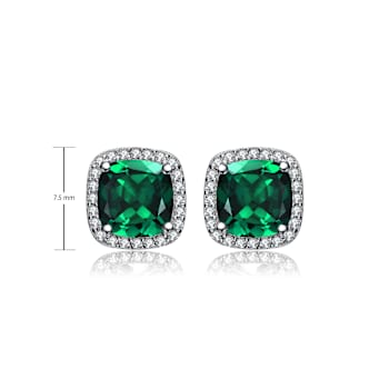Emerald Color CZ Halo Stud Earrings In Sterling Silver