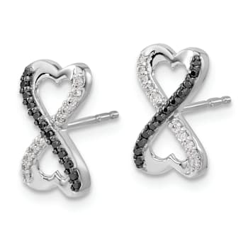 Rhodium Over 14k White Gold Black and White Diamond Infinity Heart Stud Earrings