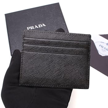 Prada Saffiano Nero Black - Gray Card Holder Silver Logo