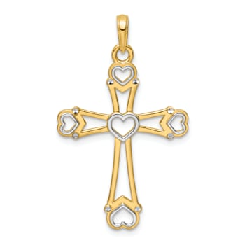 14K Two-tone Gold  Diamond-Cut Cross with Hearts Pendant