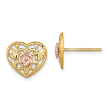 14K Yellow Gold and 14K Rose Gold Polished and Textured Floral in Heart
Stud Earrings