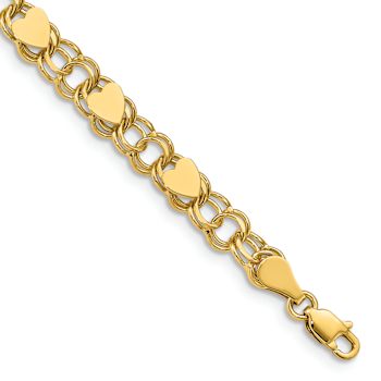 10k Yellow Gold 6mm Double Link with Hearts Charm Bracelet