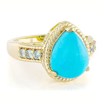 Turquoise Pear With Blue Topaz Ring In 18K Gold Over Sterling Silver 0.23ctw