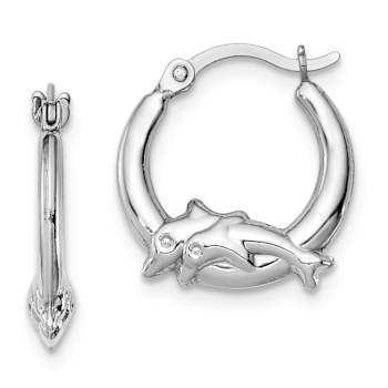 Rhodium Over Sterling Silver Polished Dolphin Round Hoop Earrings