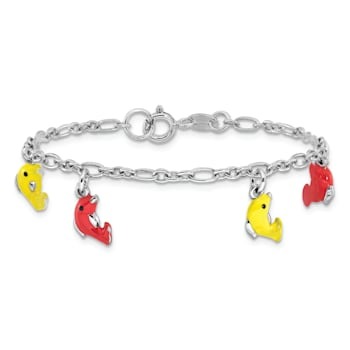 Sterling Silver Polished and Enameled Dolphins Children's 6-inch Bracelet