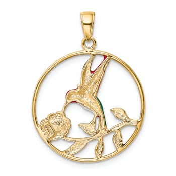 14K Yellow Gold Enameled Hummingbird and Flower in Circle Pendant