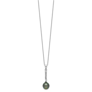 Rhodium Over Sterling Silver 9-10mm Tahitian Pearl Cubic Zirconia
Earring and Necklace Set