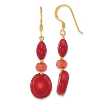 14K Gold Over Sterling Silver Coral and Jadeite Dangle Earrings