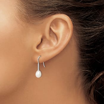 Rhodium Over Sterling Silver 7-8mm White Freshwater Cultured Pearl Cubic
Zirconia Dangle Earrings