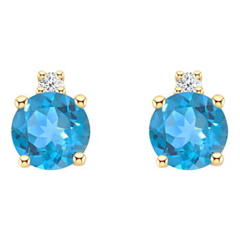 4mm Round Blue Topaz with Diamond Accents 14k Yellow Gold Stud Earrings