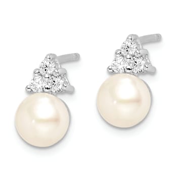 Rhodium Over Sterling Silver 6-7mm White Freshwater Cultured Pearl Cubic
Zirconia Post Earrings