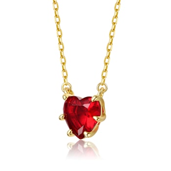 Ruby Color CZ Heart Solitaire Necklace In 14K Gold Over Brass
