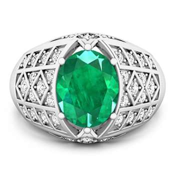 2.45ctw Green Emerald and Diamond 14K White Gold Halo Ring