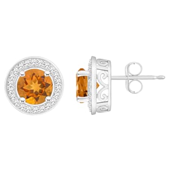 6mm Round Citrine 1/5 ctw Diamond Rhodium Over Sterling Silver Halo Stud Earrings
