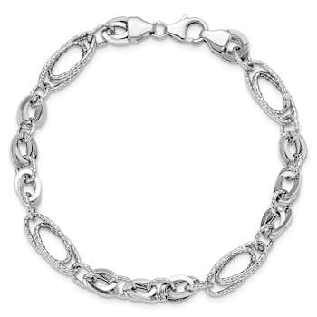 Rhodium Over 14k White Gold 8mm Polished and Textured Oval Fancy Link Bracelet