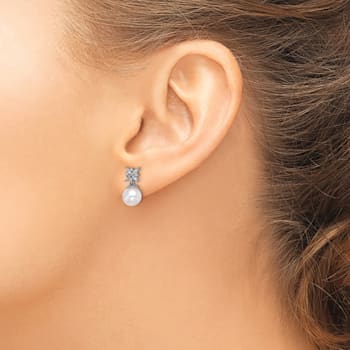 Rhodium Over 14K White Gold Freshwater Cultured Pearl and Diamond Post Earrings
