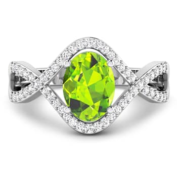 1.29ctw Green Peridot and Diamond 14K White Gold Halo Ring