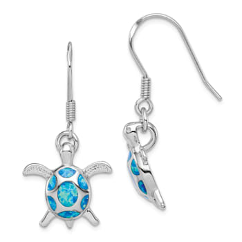 Rhodium Over Sterling Silver Lab Created Opal Turtle Shepherd Hook Earrings