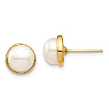 14K Yellow Gold 7-8mm White Button Freshwater Cultured Pearl Post Earrings
