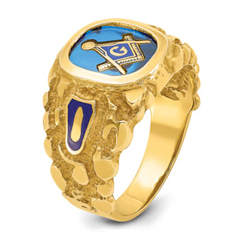 10K Yellow Gold Men's Nugget Texture and Lab Created Sapphire Masonic Ring