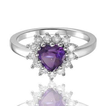 Heart Shape Amethyst with White Topaz Accents Sterling Silver Ring, 1.01ctw