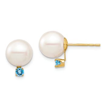 14K Yellow Gold 8-8.5mm White Round Freshwater Cultured Pearl Swiss Blue
Topaz Post Earrings