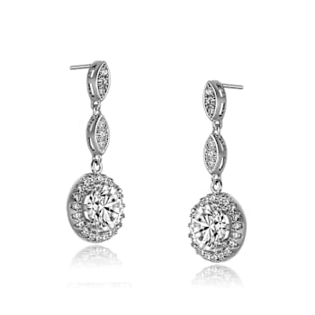 CZ Halo Drop Earrings In Sterling Silver